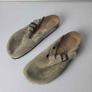 Birkenstock Boston Suede Sandals Taupe Leather Mens 42 Buckle